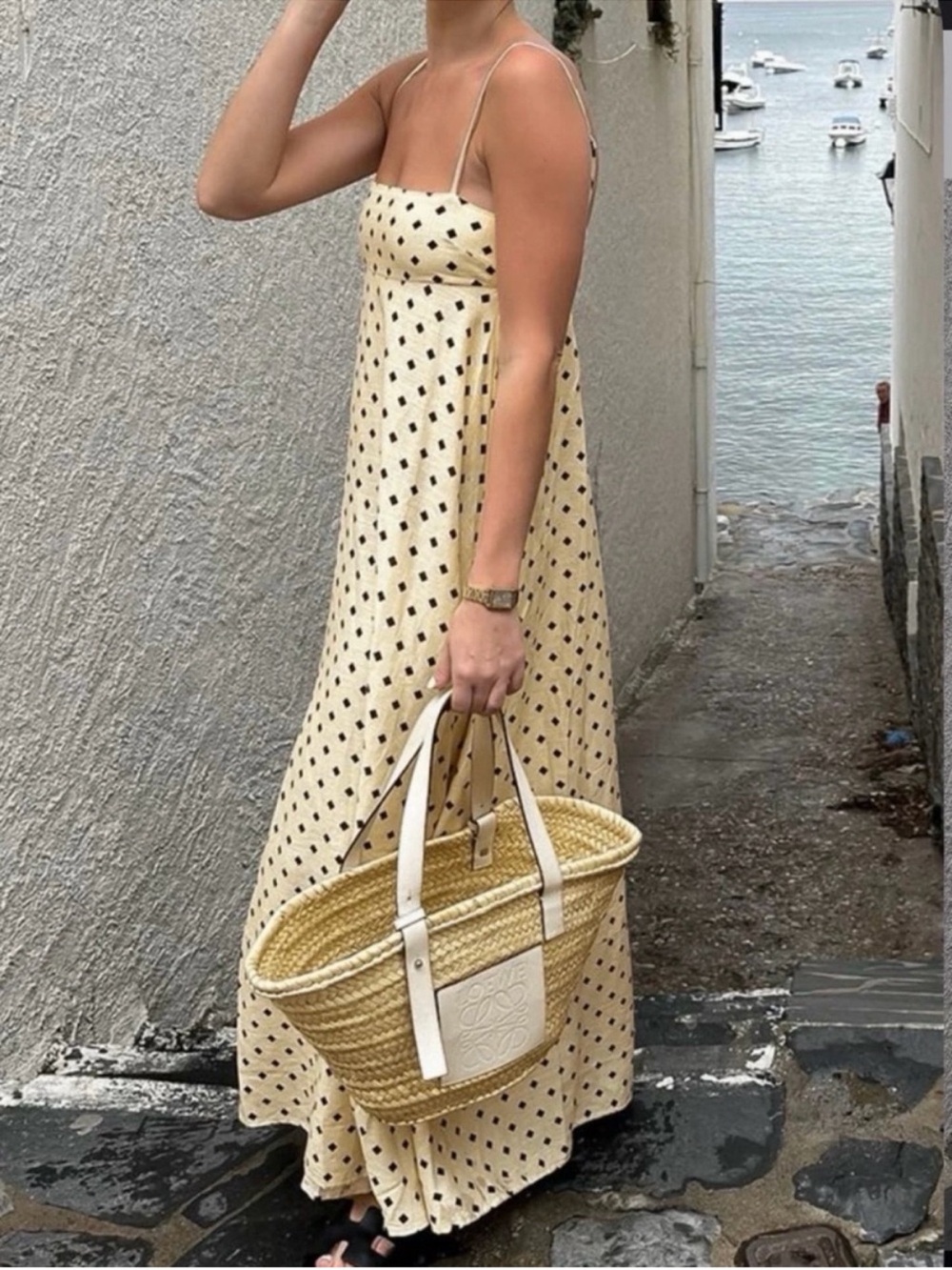 Commense Cream Black Polka Dot Cami Maxi Dress XS NWT Linen Blend